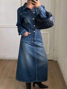 Women's Collared Long Sleeve Urban Casual Shirt Dress Denim Dress